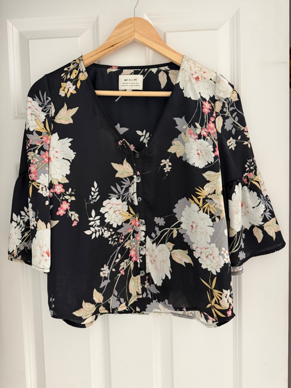 McGuire Denim Black Floral V-Neck Button Blouse with White & Pink Blooms